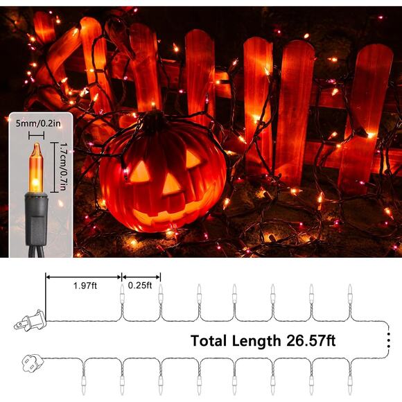 Halloween String Lights 25FT 100 Bulb Orange Purple UL Certified Indoor Outdoor - Picture 6 of 6